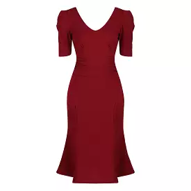 Vintage 1940s Wine Red Gathered Puff Sleeve Pencil Dress