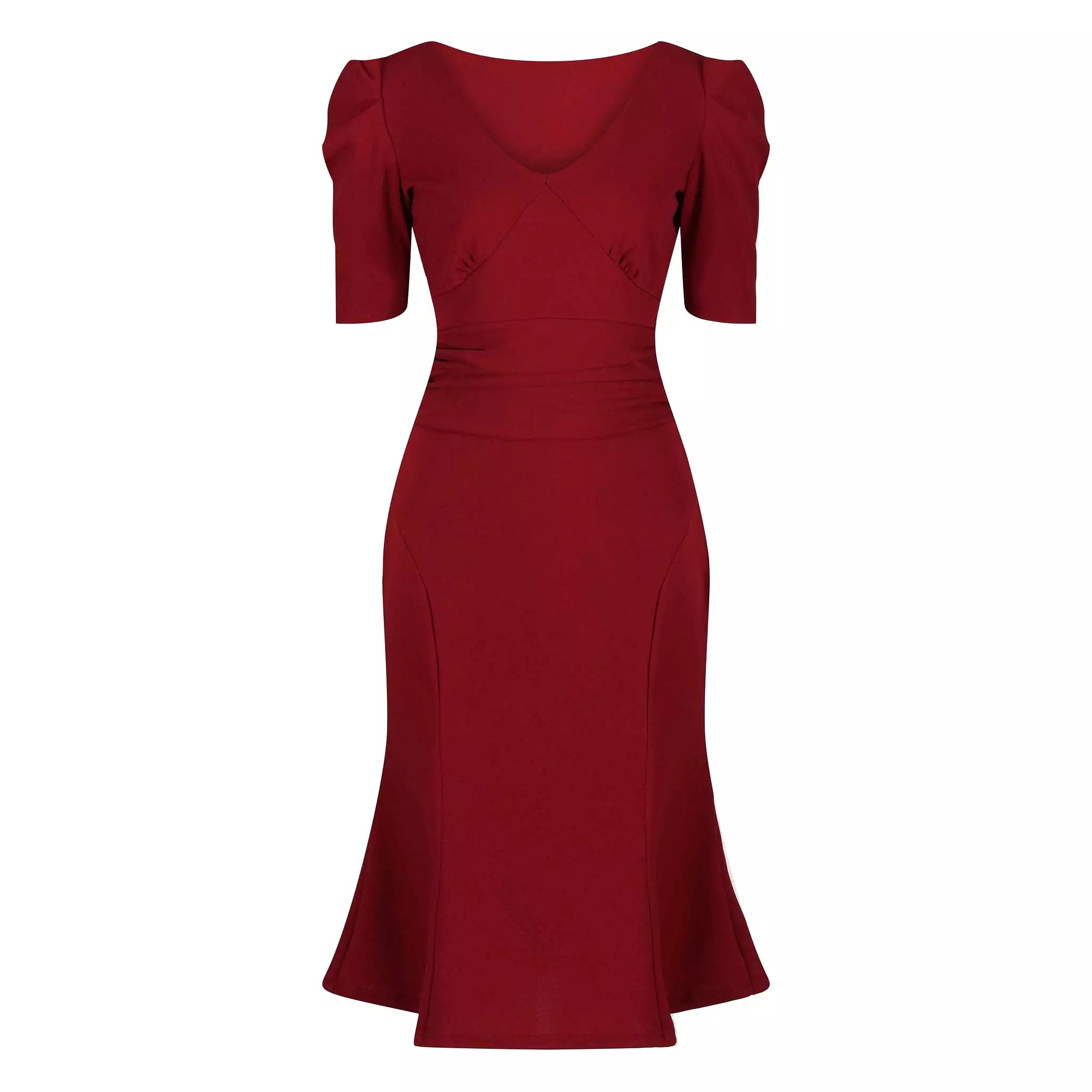 Vintage 1940s Wine Red Gathered Puff Sleeve Pencil Dress