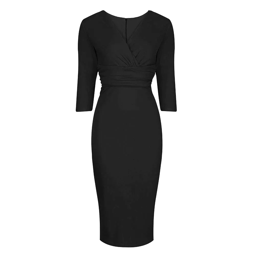 Vintage Black Wrap Over Midi Pencil Dress