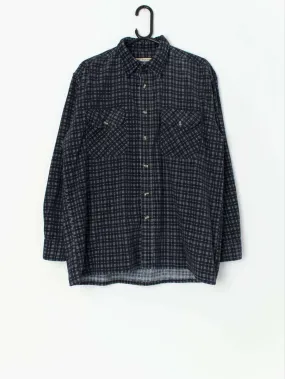 Vintage cord shirt in navy blue with white plaid design – Large