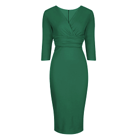 Vintage Emerald Green Wrap Over Midi Pencil Dress