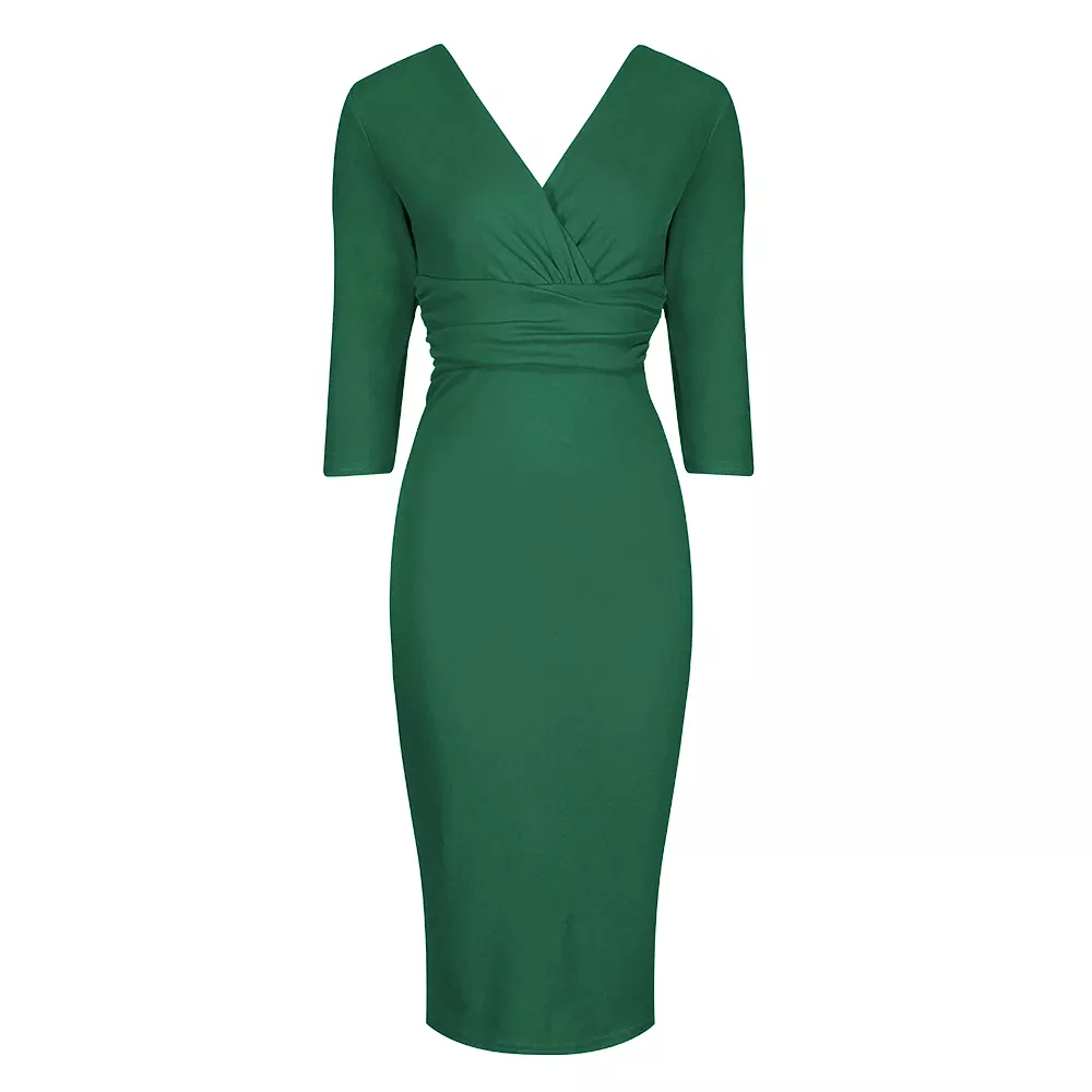 Vintage Emerald Green Wrap Over Midi Pencil Dress