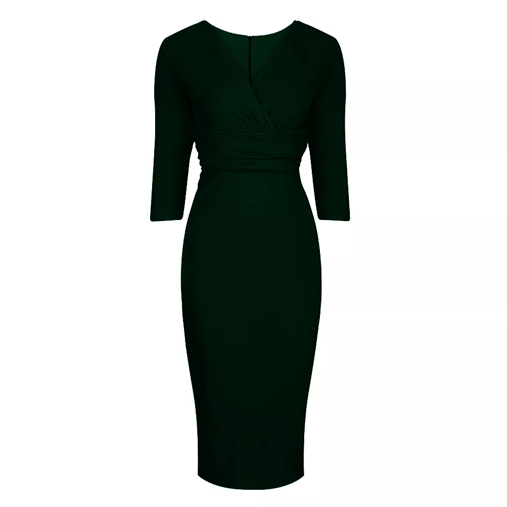 Vintage Forest Green Wrap Over Midi Pencil Dress