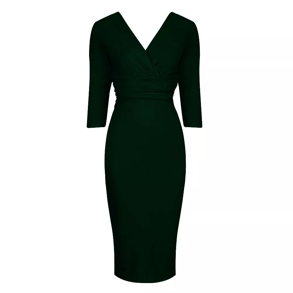 Vintage Forest Green Wrap Over Midi Pencil Dress