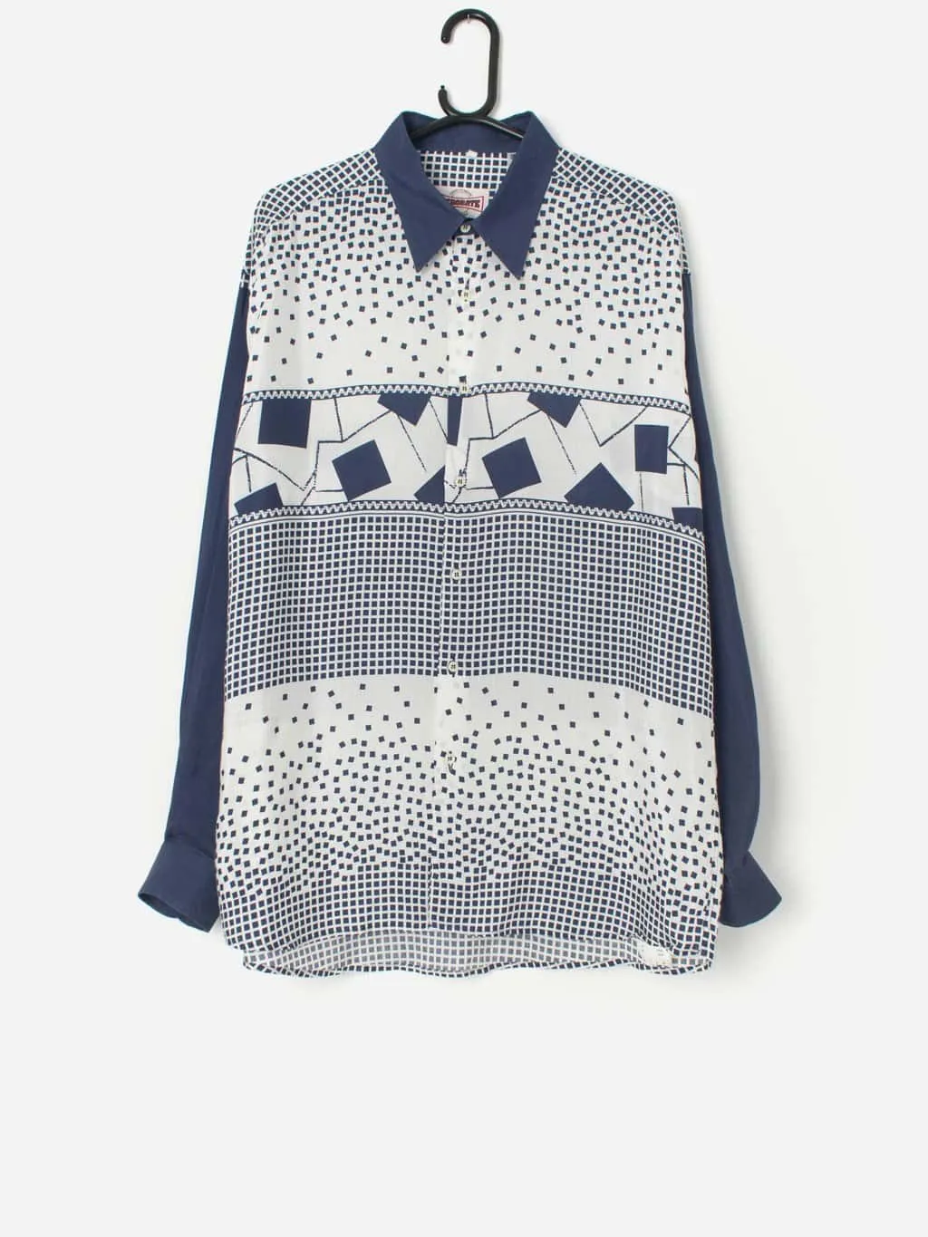 Vintage loud geometrical 80s shirt in blue and white – Large