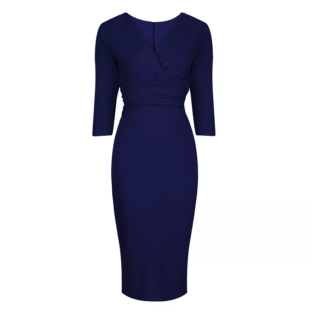 Vintage Navy Blue Wrap Over Midi Pencil Dress