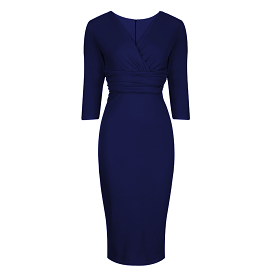 Vintage Navy Blue Wrap Over Midi Pencil Dress