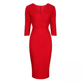 Vintage Red Wrap Over 3/4 Sleeve Midi Pencil Dress