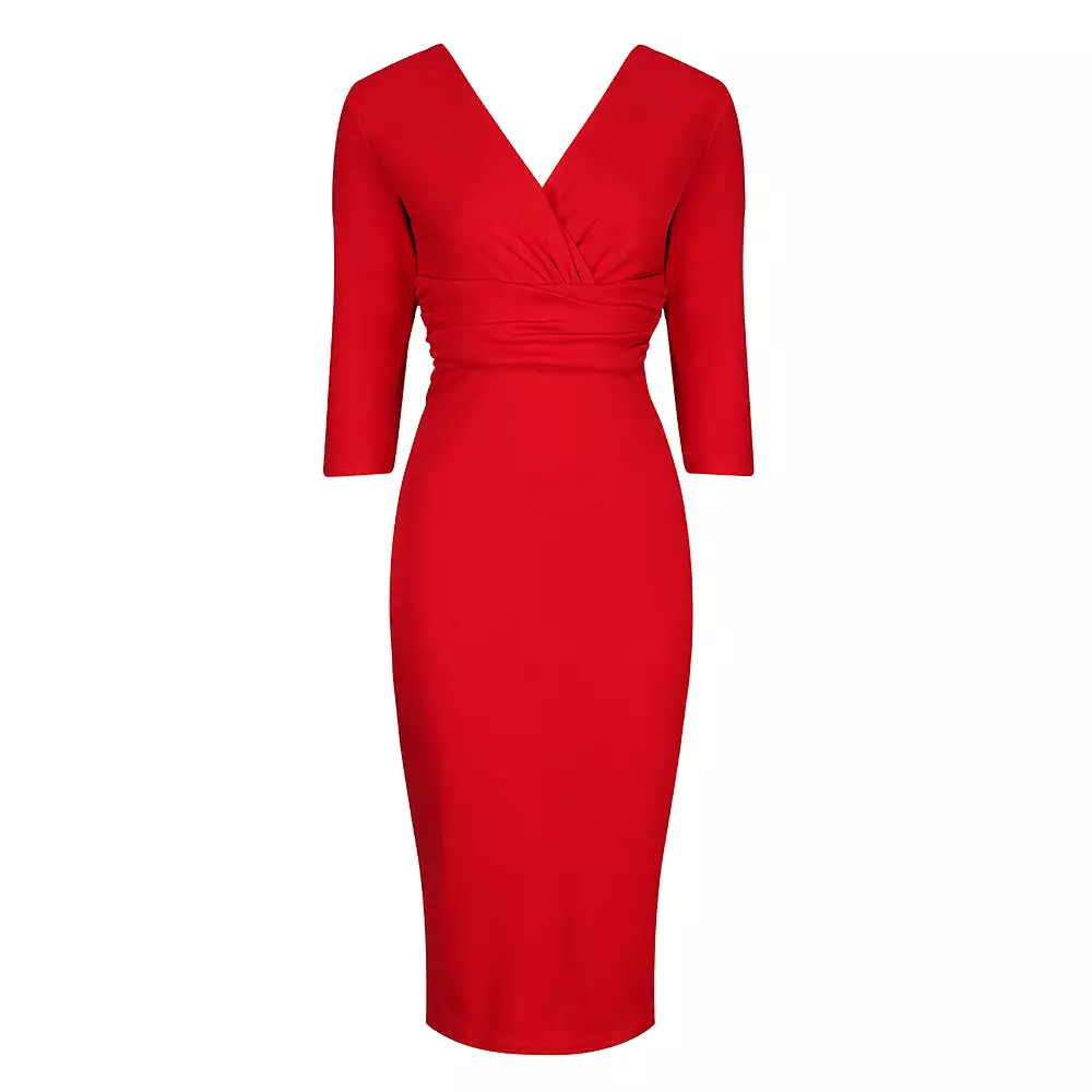 Vintage Red Wrap Over 3/4 Sleeve Midi Pencil Dress