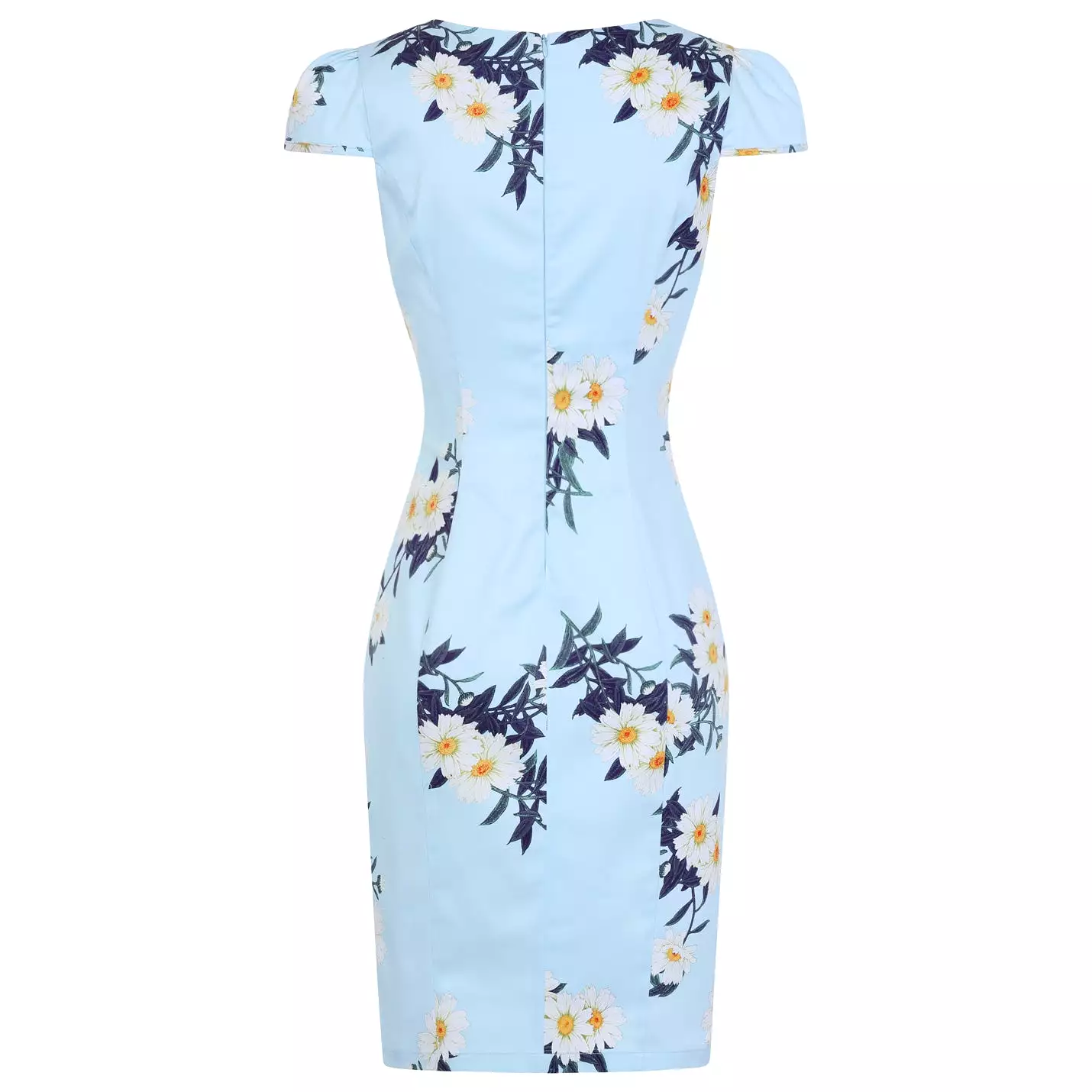 Vintage Sky Blue Daisy Print Capped Sleeve Wiggle Dress