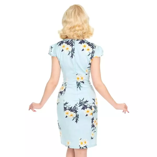 Vintage Sky Blue Daisy Print Capped Sleeve Wiggle Dress