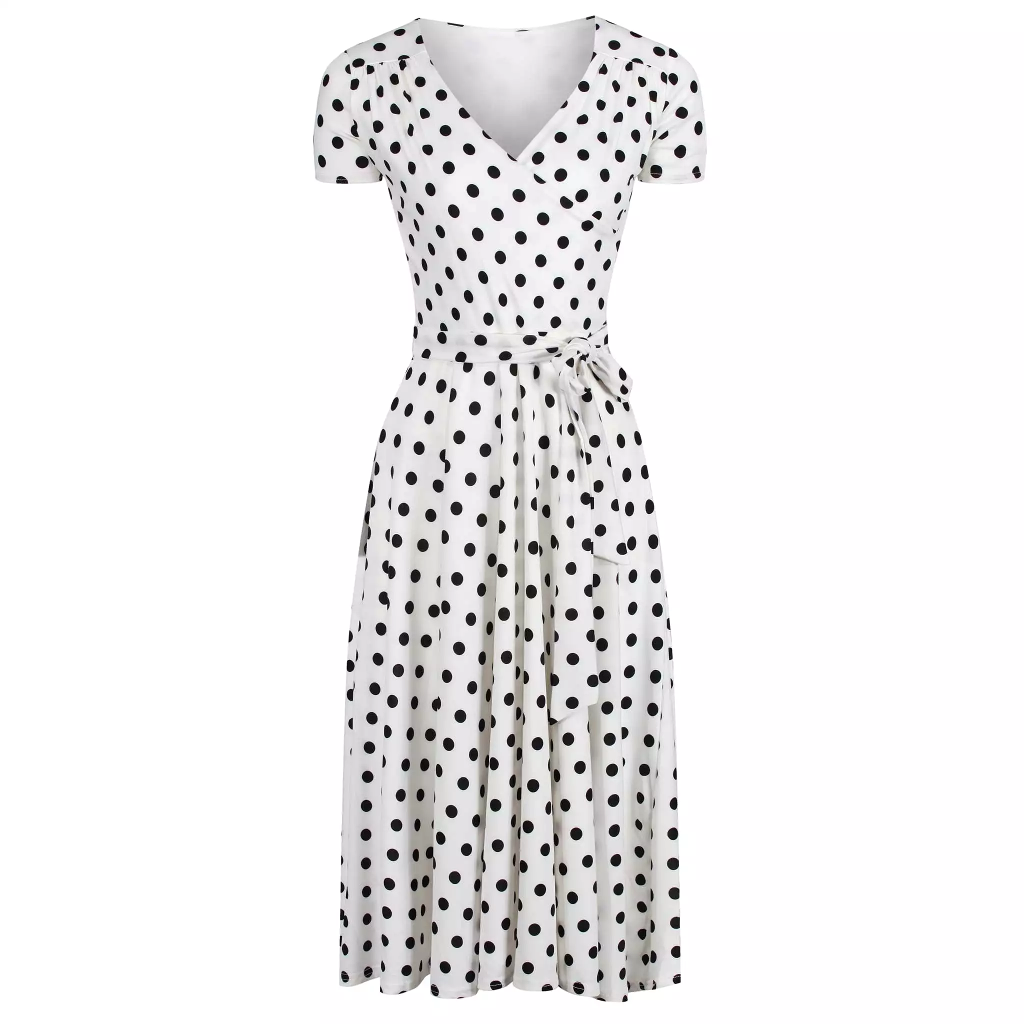 White & Black Polka Dot Cap Sleeve Fit And Flare Midi Dress