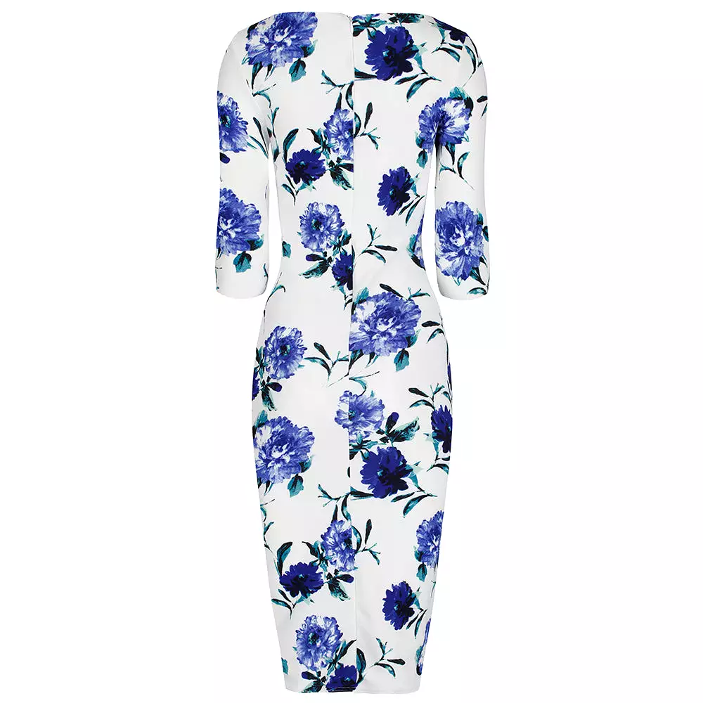 White and Blue Floral Print 3/4 Sleeve Bodycon Pencil Wiggle Dress