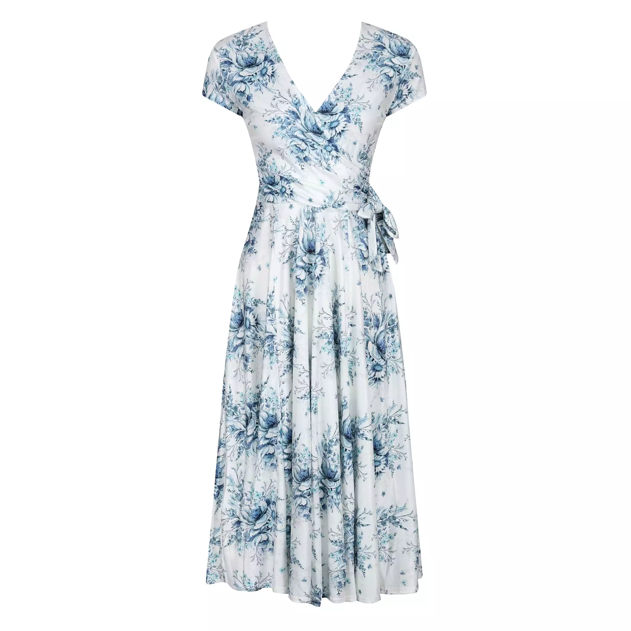 White And Blue Floral Print Cap Sleeve Crossover Top Swing Dress