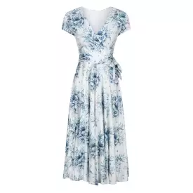 White And Blue Floral Print Cap Sleeve Crossover Top Swing Dress