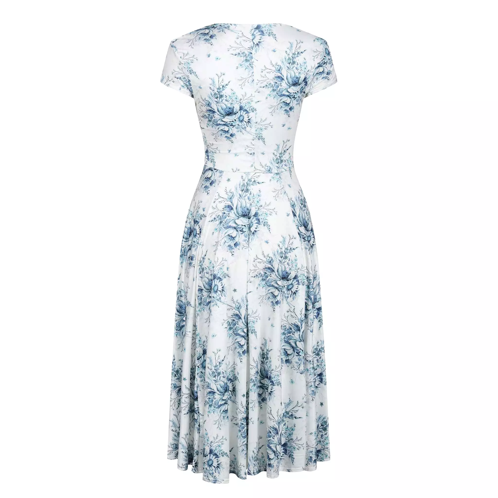 White And Blue Floral Print Cap Sleeve Crossover Top Swing Dress