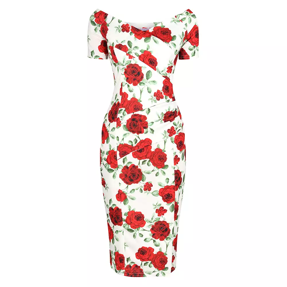 White And Red Rose Floral Capped Sleeve Bodycon Wiggle Dress