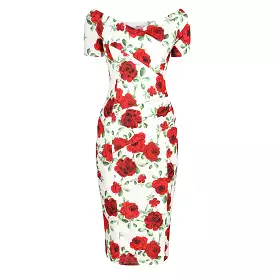 White And Red Rose Floral Capped Sleeve Bodycon Wiggle Dress