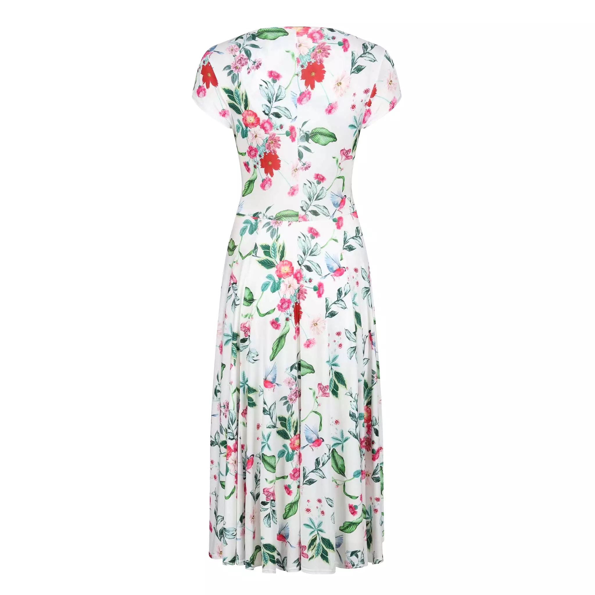 White Floral Bird Print Cap Sleeve Crossover Top Swing Dress