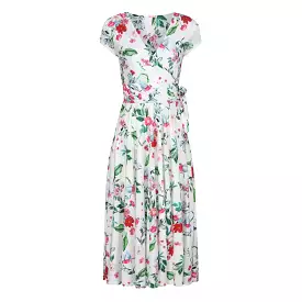 White Floral Bird Print Cap Sleeve Crossover Top Swing Dress