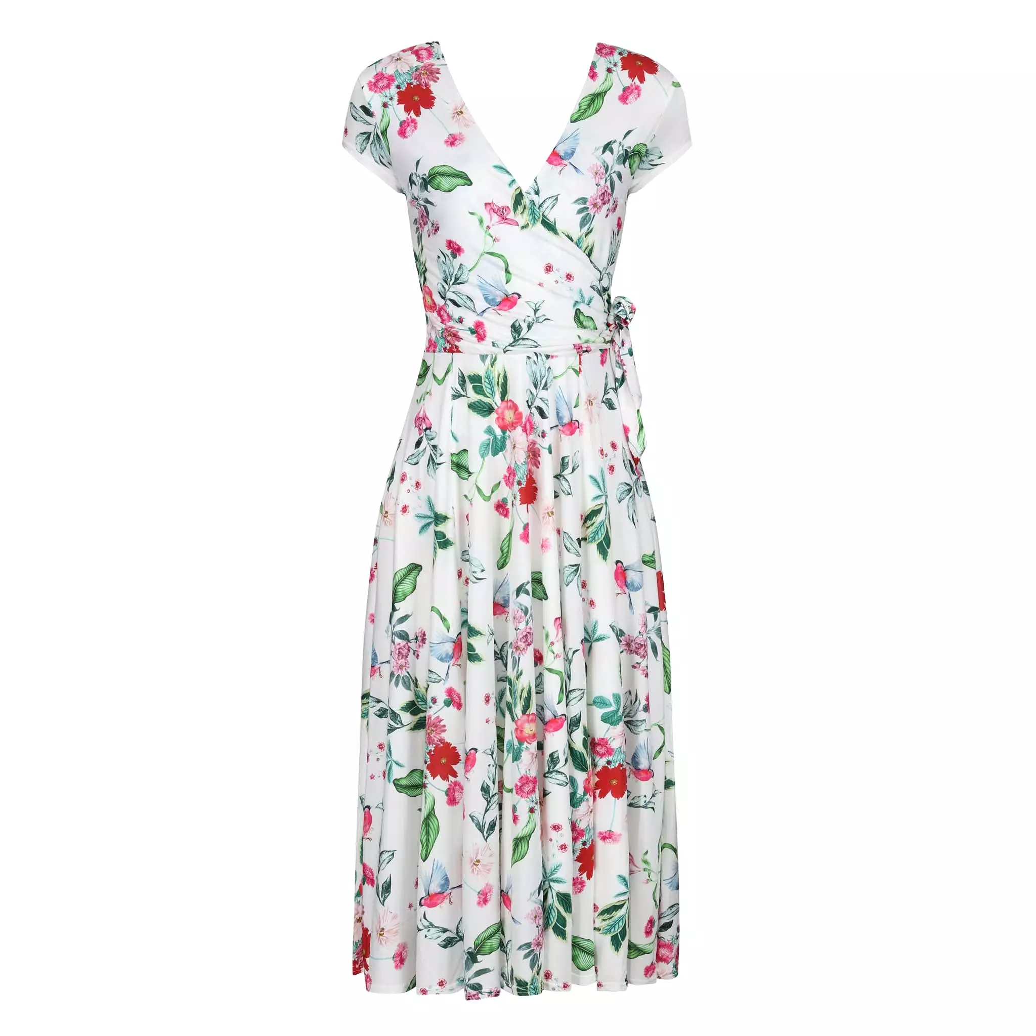 White Floral Bird Print Cap Sleeve Crossover Top Swing Dress