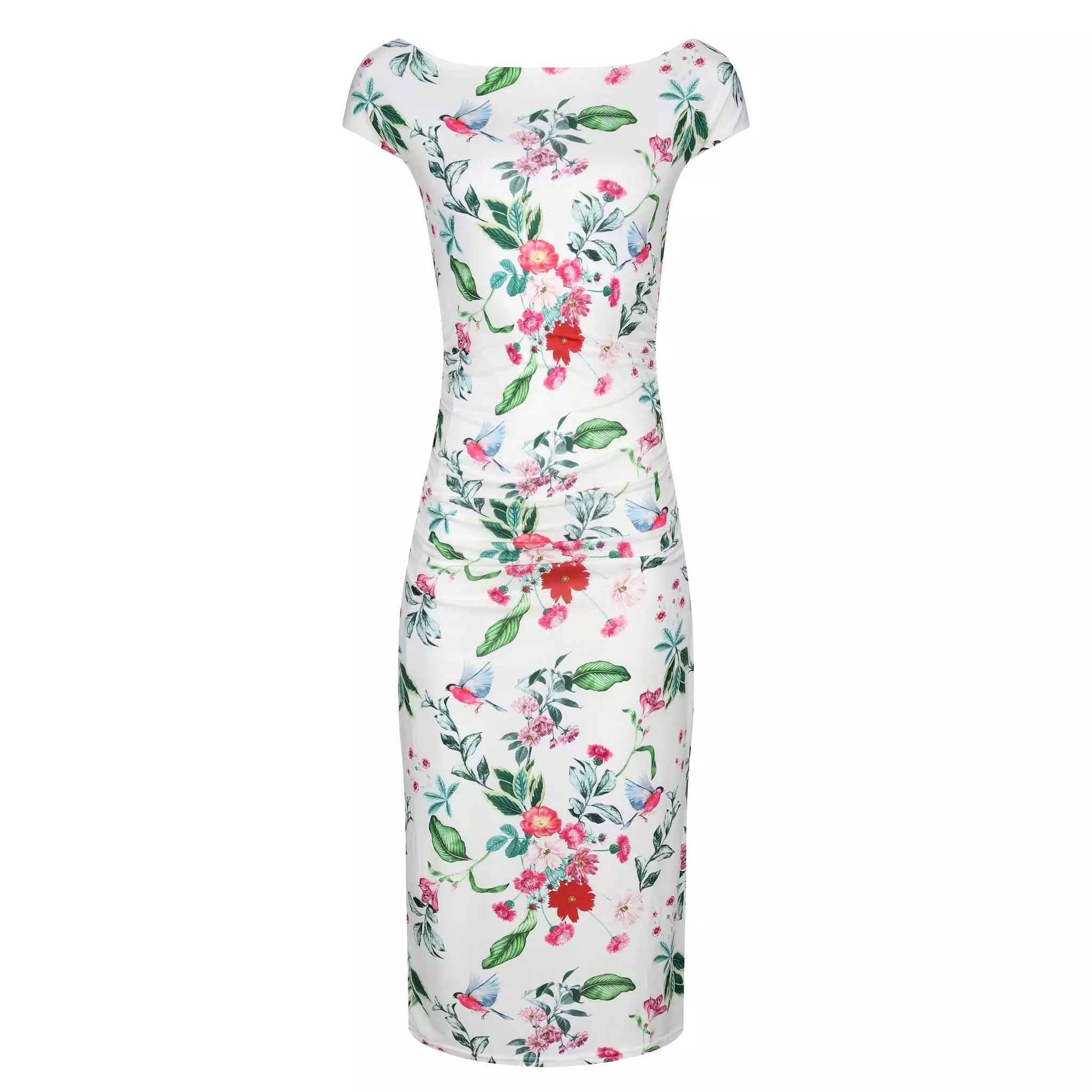 White Floral Print 40s Style Cap Sleeve Slinky Pencil Wiggle Dress