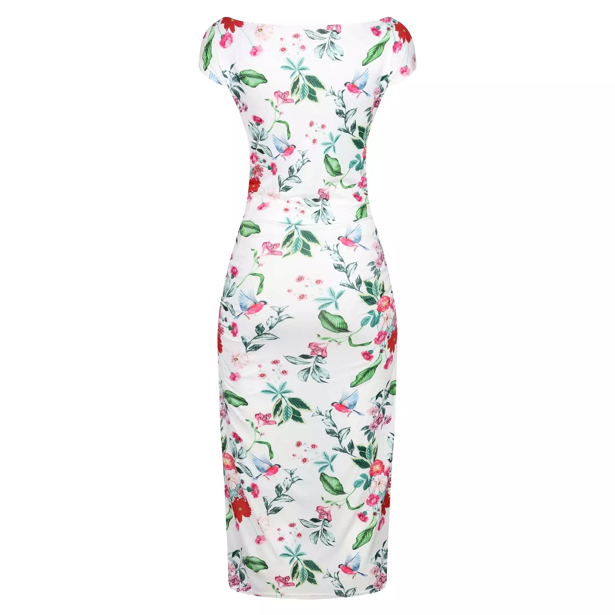 White Floral Print 40s Style Cap Sleeve Slinky Pencil Wiggle Dress