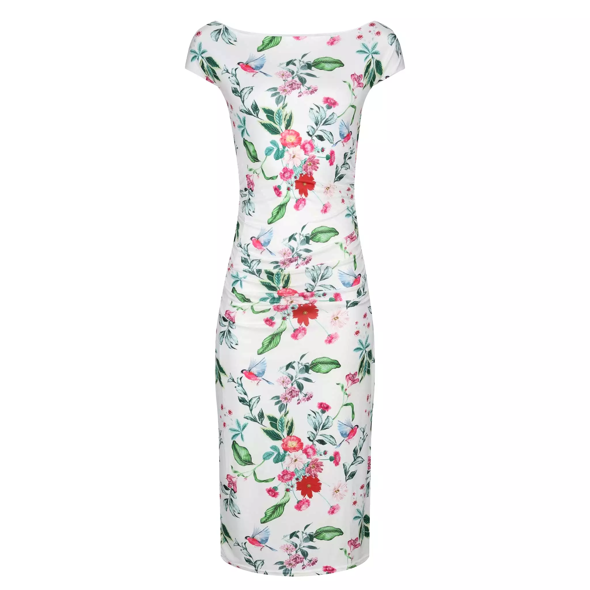 White Floral Print 40s Style Cap Sleeve Slinky Pencil Wiggle Dress