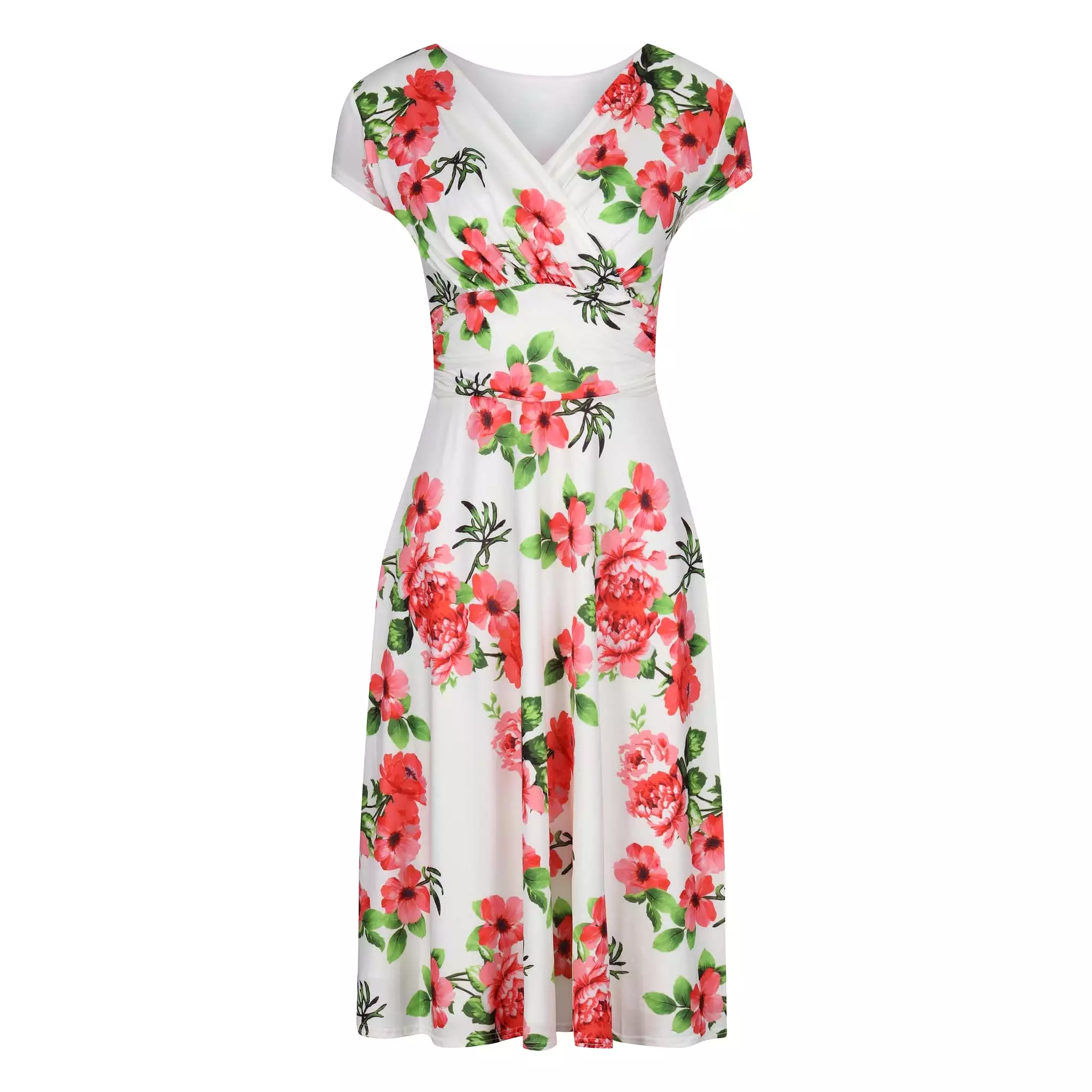 White Floral Print Capped Sleeve Wrap Effect Tea Dress