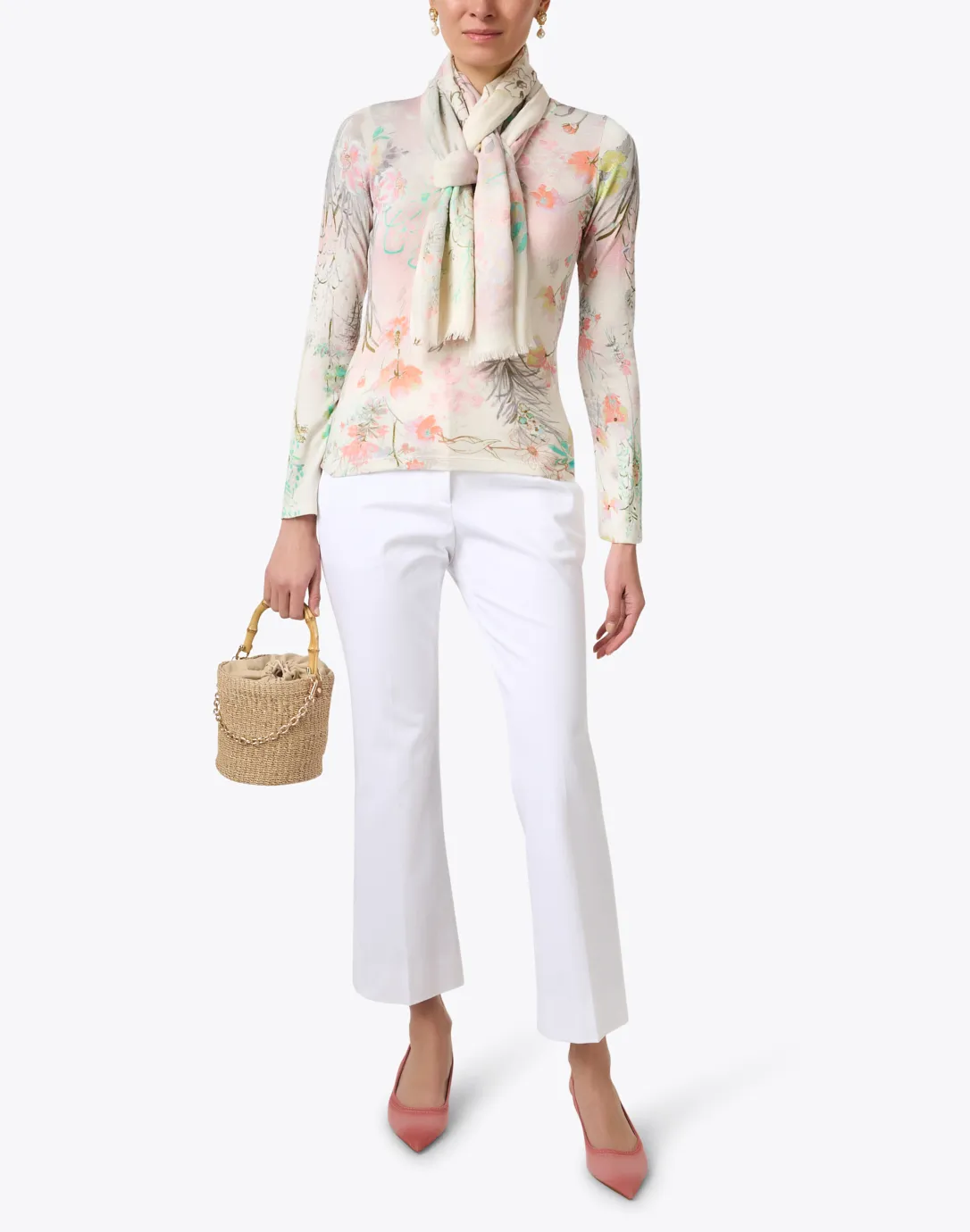 White Floral Print Cashmere Silk Sweater