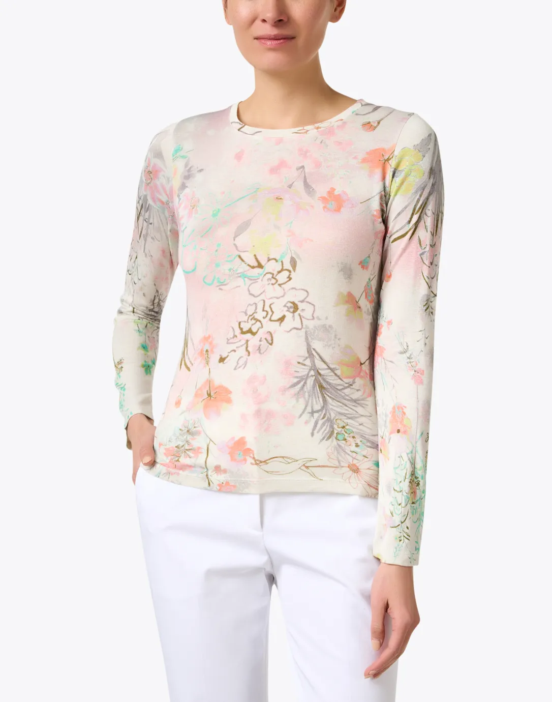 White Floral Print Cashmere Silk Sweater