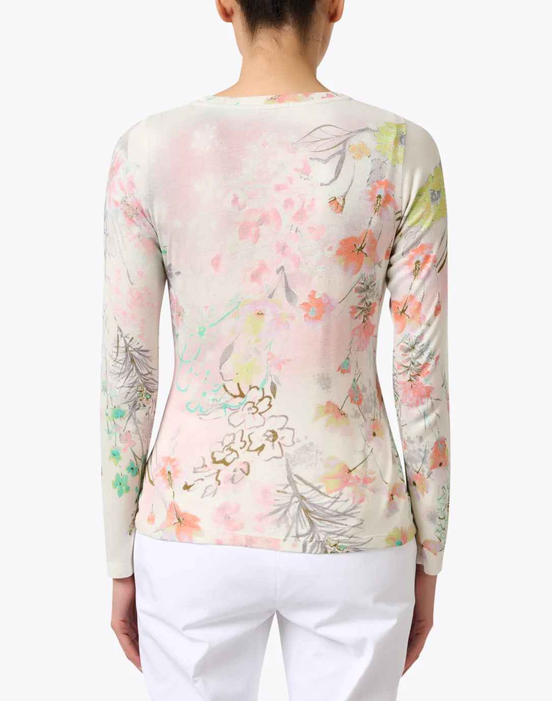 White Floral Print Cashmere Silk Sweater