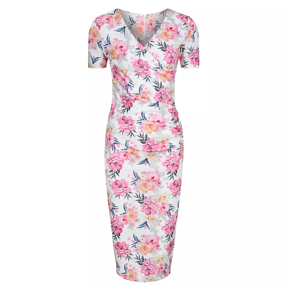 White Pink Floral Print Short Sleeve Summer Bodycon Wiggle Dress