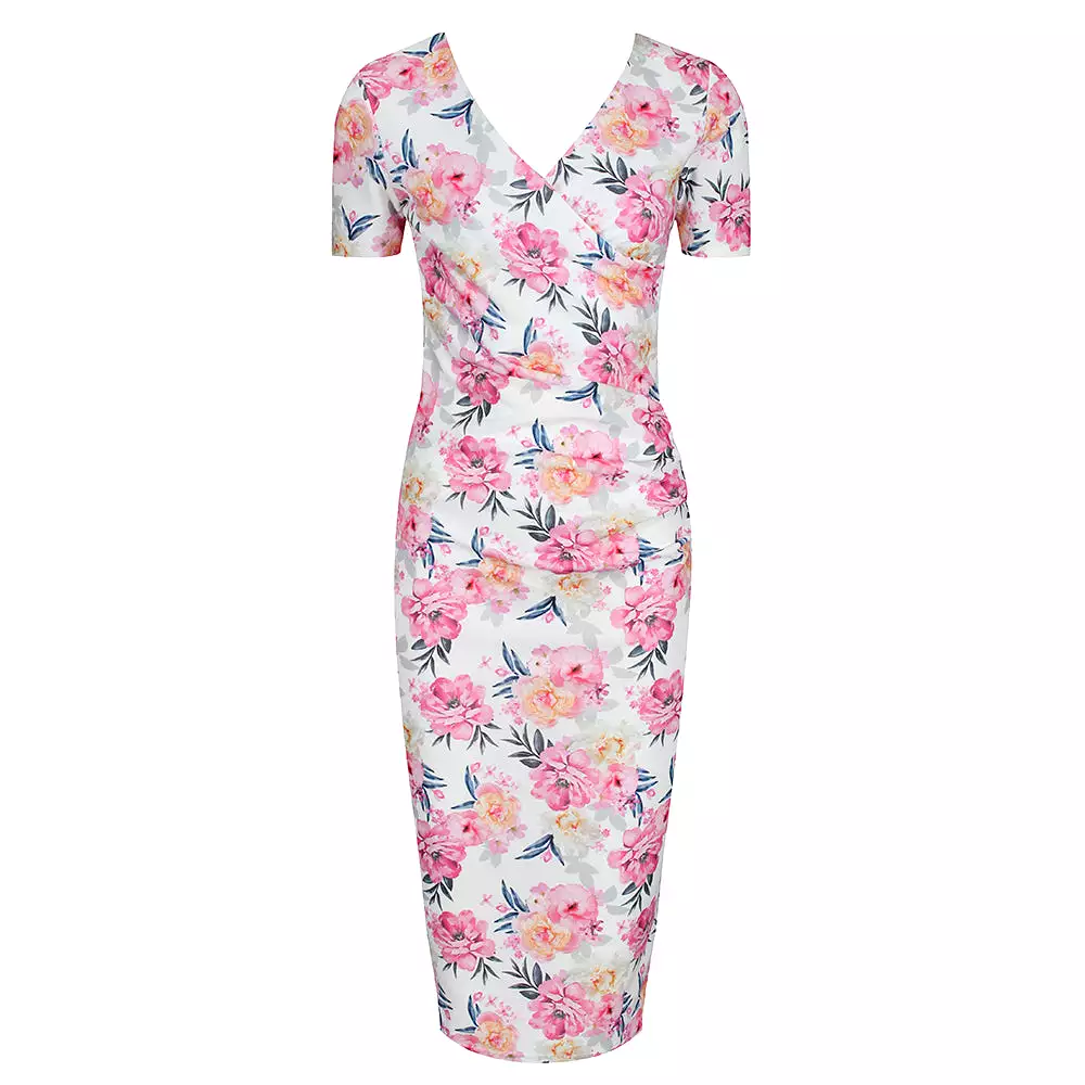 White Pink Floral Print Short Sleeve Summer Bodycon Wiggle Dress