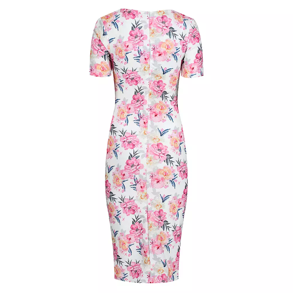 White Pink Floral Print Short Sleeve Summer Bodycon Wiggle Dress