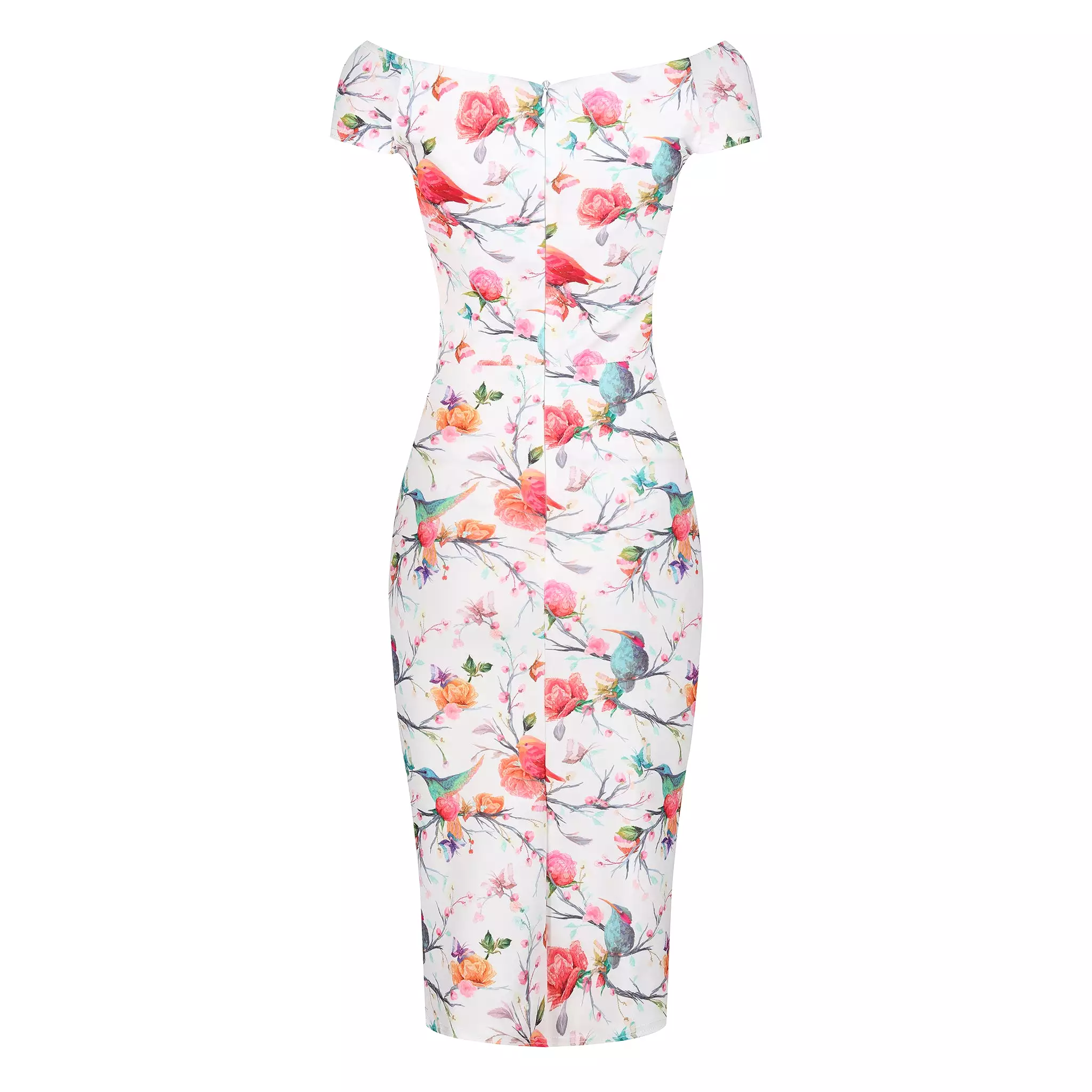 White Summer Bird Butterfly Print Cap Sleeve Crossover Top Bardot Wiggle Dress