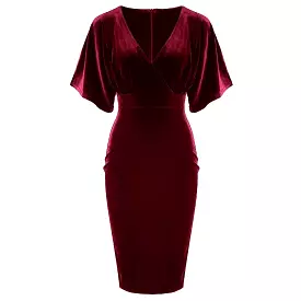 Wine Red Claret Velour Half Batwing Sleeve Crossover Top Wiggle Dress