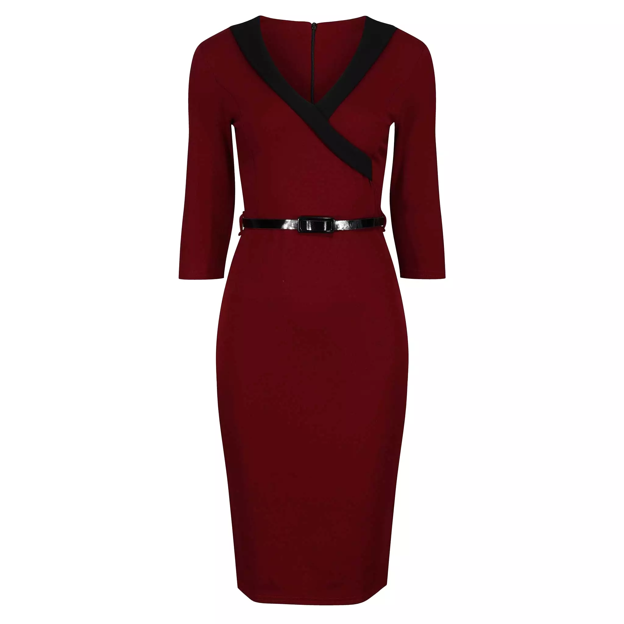 Wine Red V Neck Wrap Effect 3/4 Sleeve Midi Pencil Dress