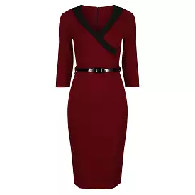 Wine Red V Neck Wrap Effect 3/4 Sleeve Midi Pencil Dress