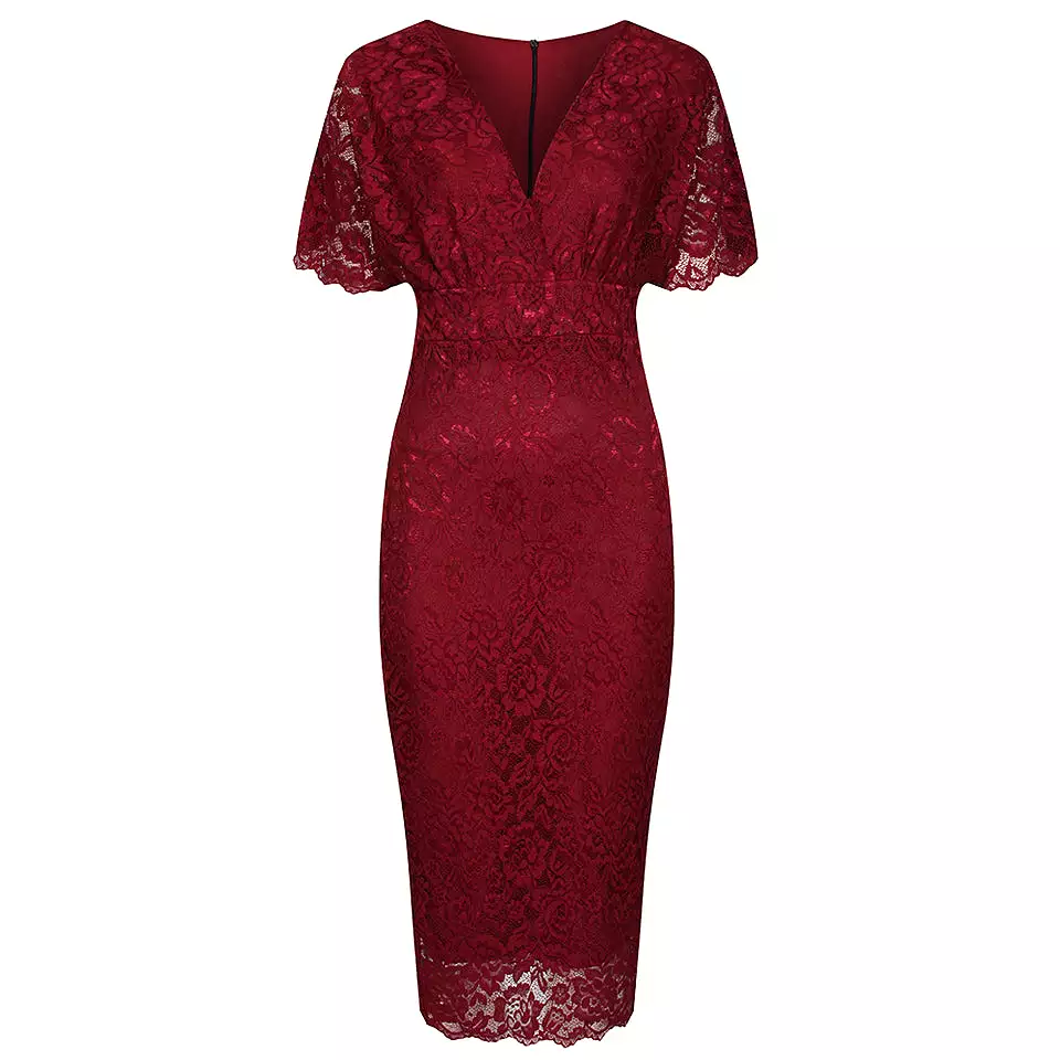 Wine Red Vintage Capped Sleeve Rose Lace Pencil Wiggle Dress