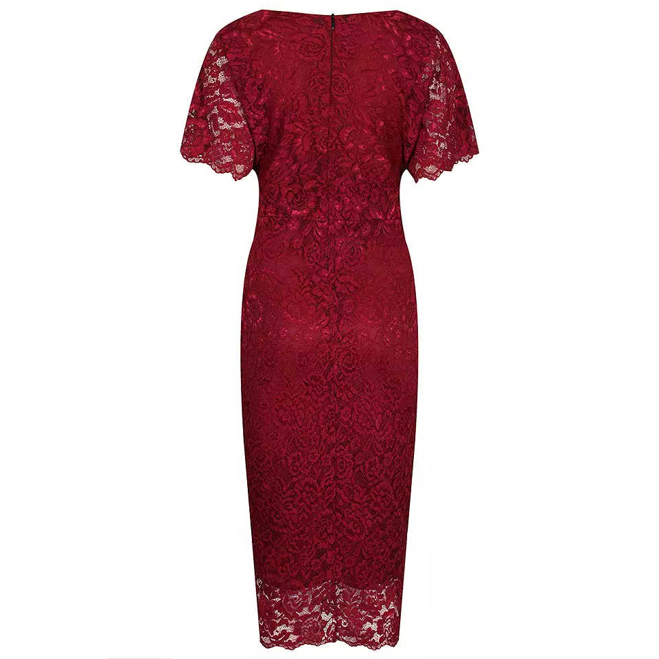 Wine Red Vintage Capped Sleeve Rose Lace Pencil Wiggle Dress