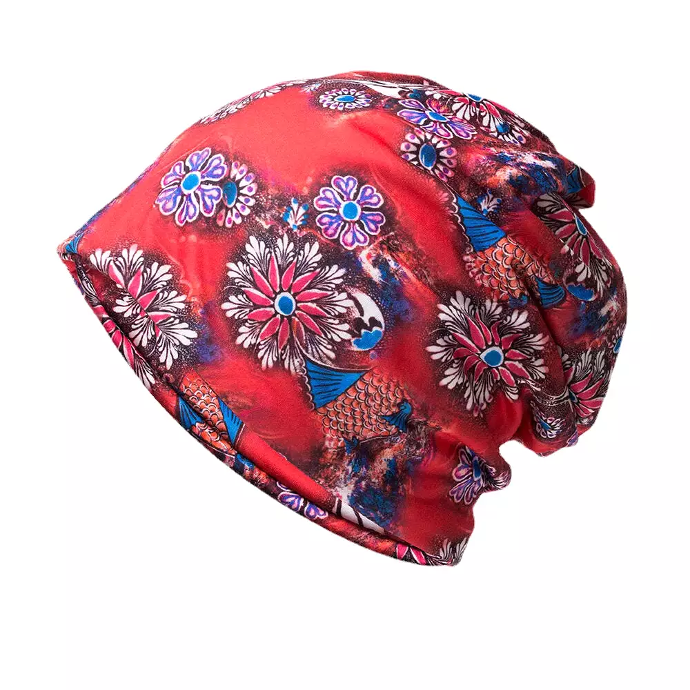 Women Dual-use Breathable Baotou Hat Cotton Overlay Colored Floral Printed Casual Elastic Scarf Beanie Hat