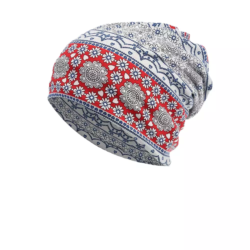 Women Full Cotton Non-allergenic Baotou Hat Bib Fashion Flower Printed Autumn Winter Plus Velvet Warm  Scarf Beanie Hat