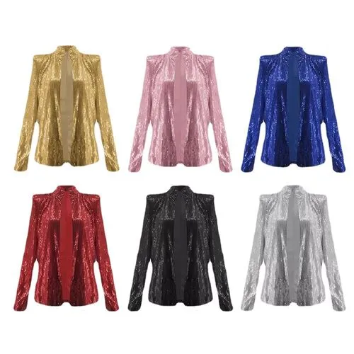 Women's Fashion Solid Color Sequins Patchwork Placket Coat Jacket