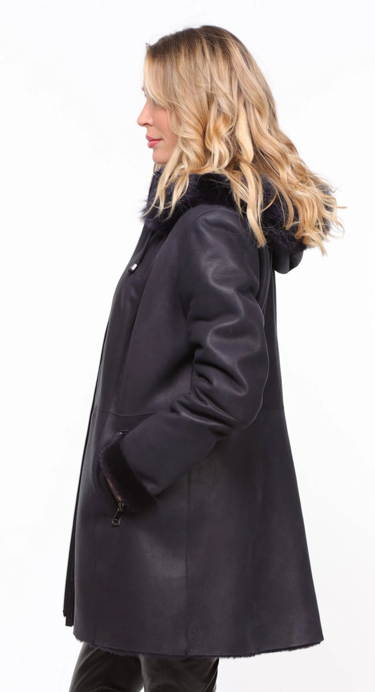 Women's navy \aurelia\ hooded sheepskin coat