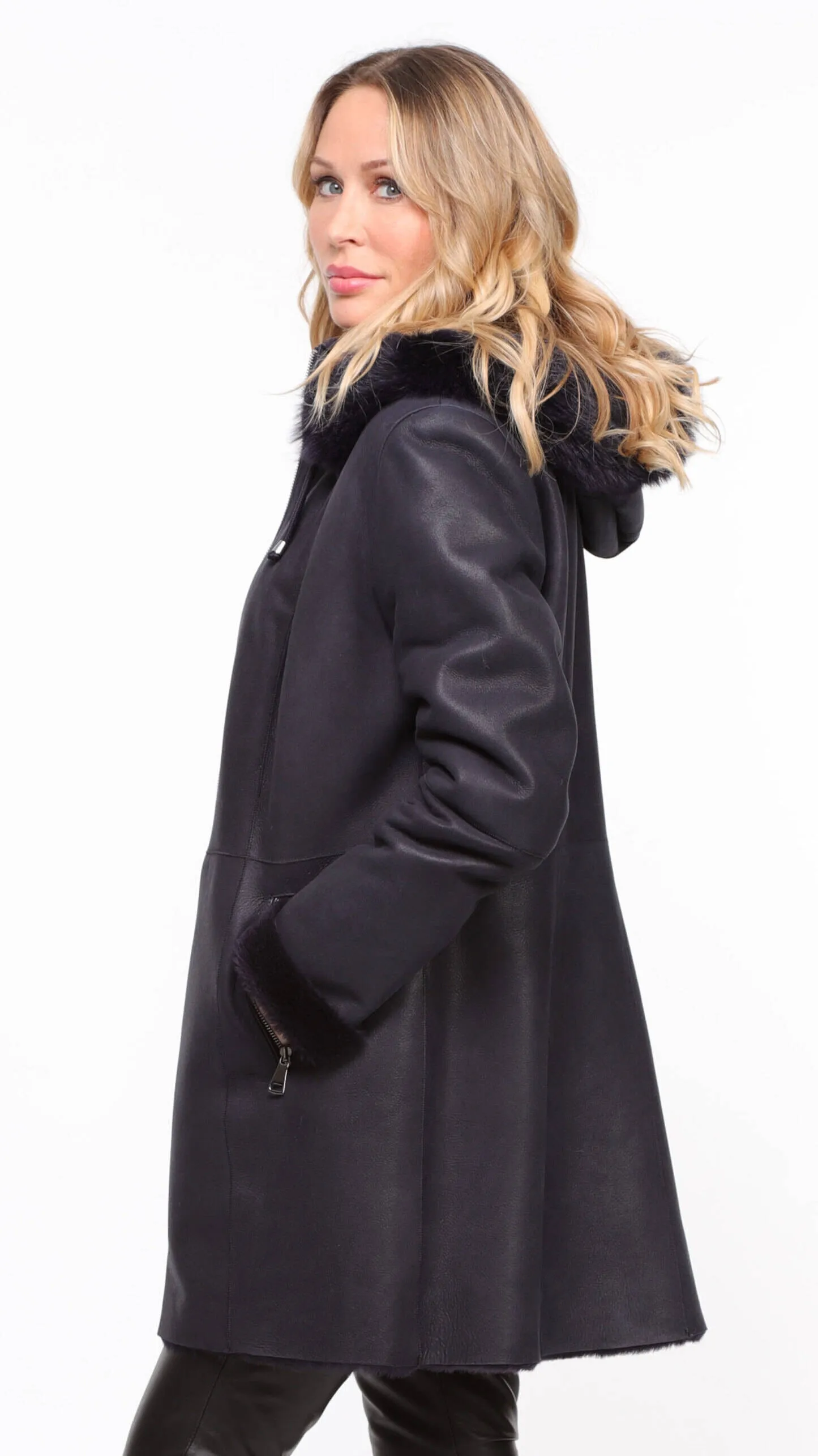 Women's navy \aurelia\ hooded sheepskin coat