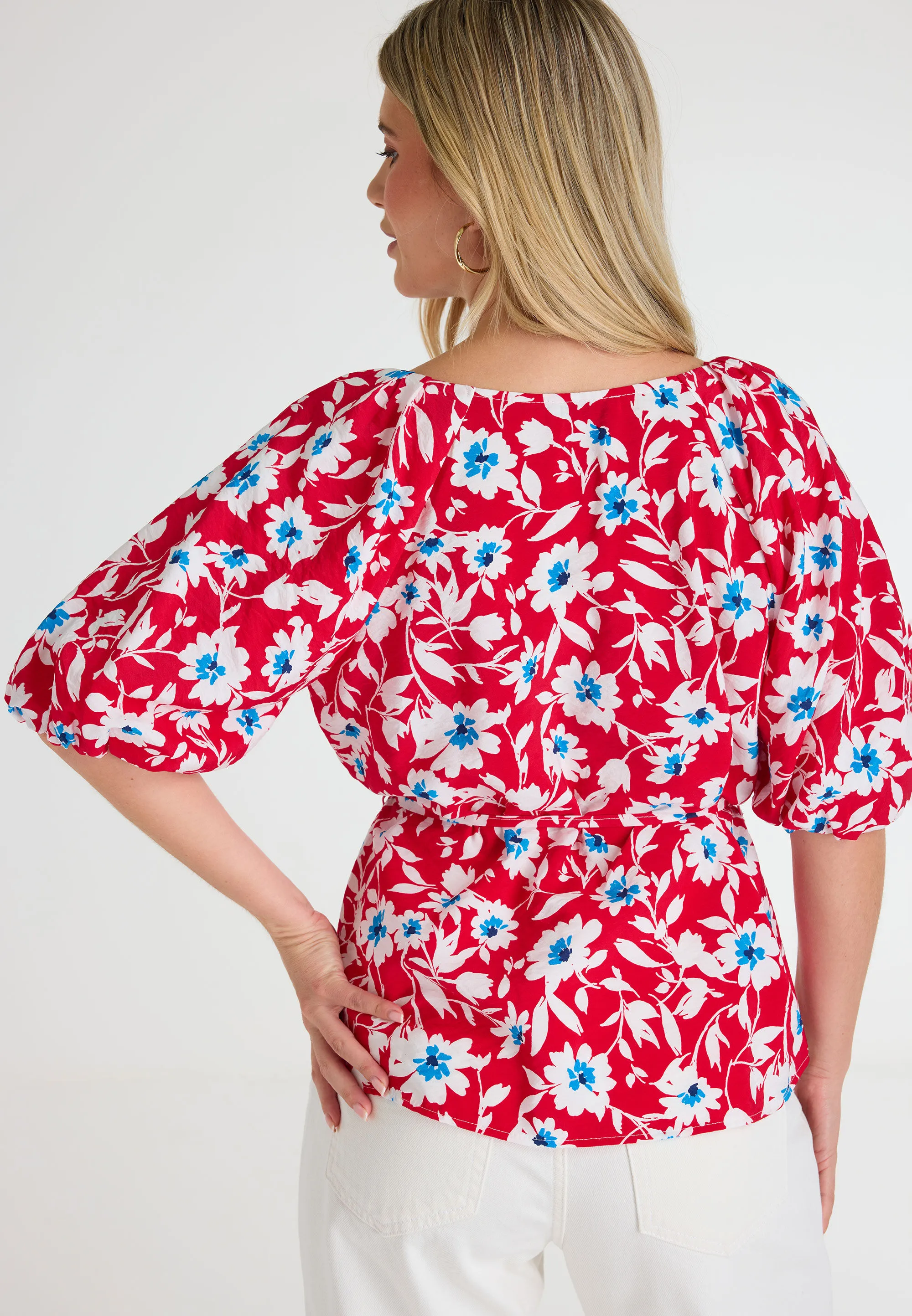 Womens Red Floral Tie Detail Blouse