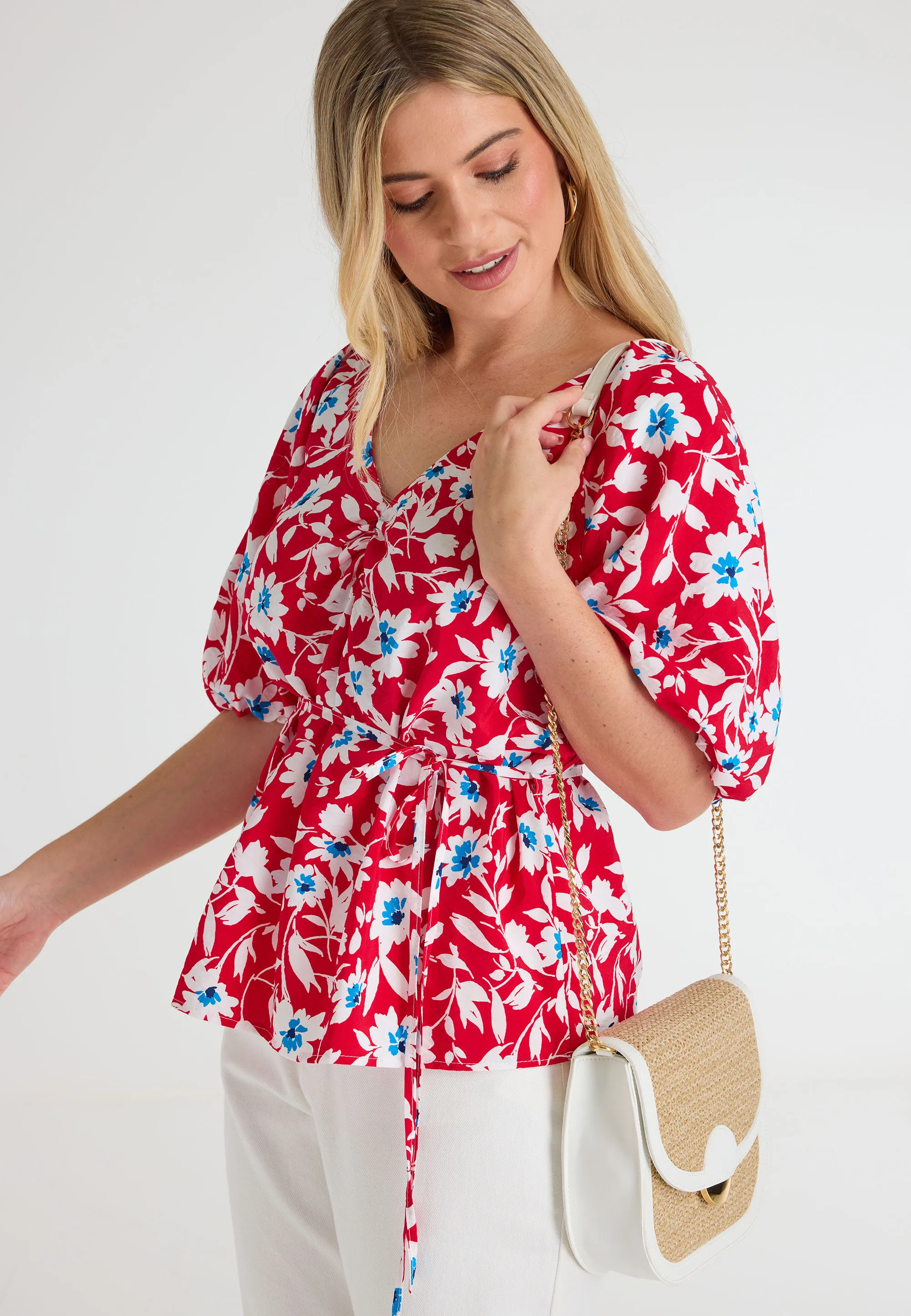 Womens Red Floral Tie Detail Blouse