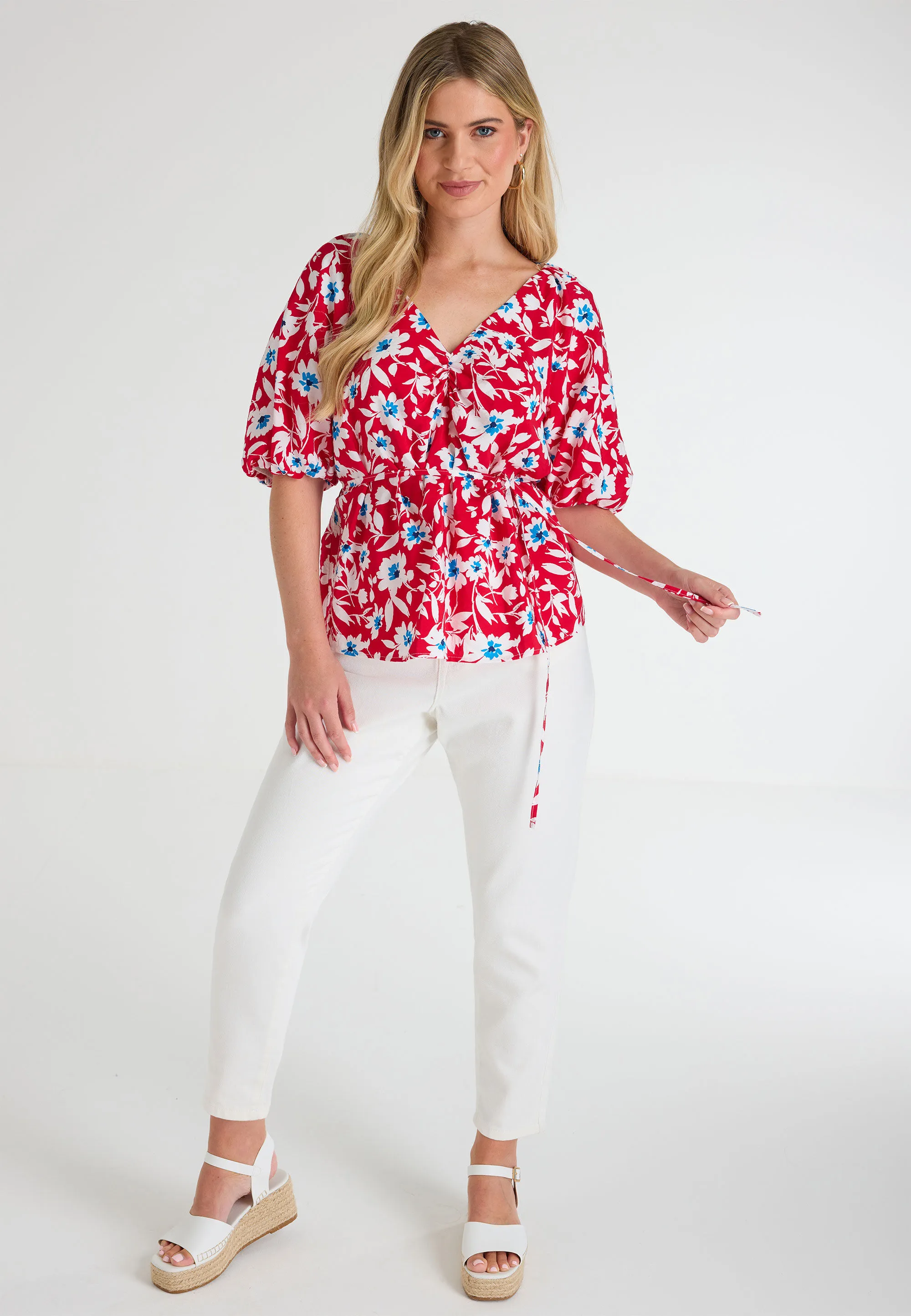 Womens Red Floral Tie Detail Blouse