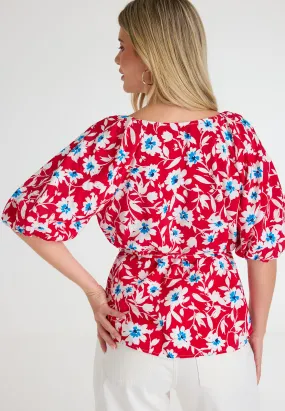 Womens Red Floral Tie Detail Blouse